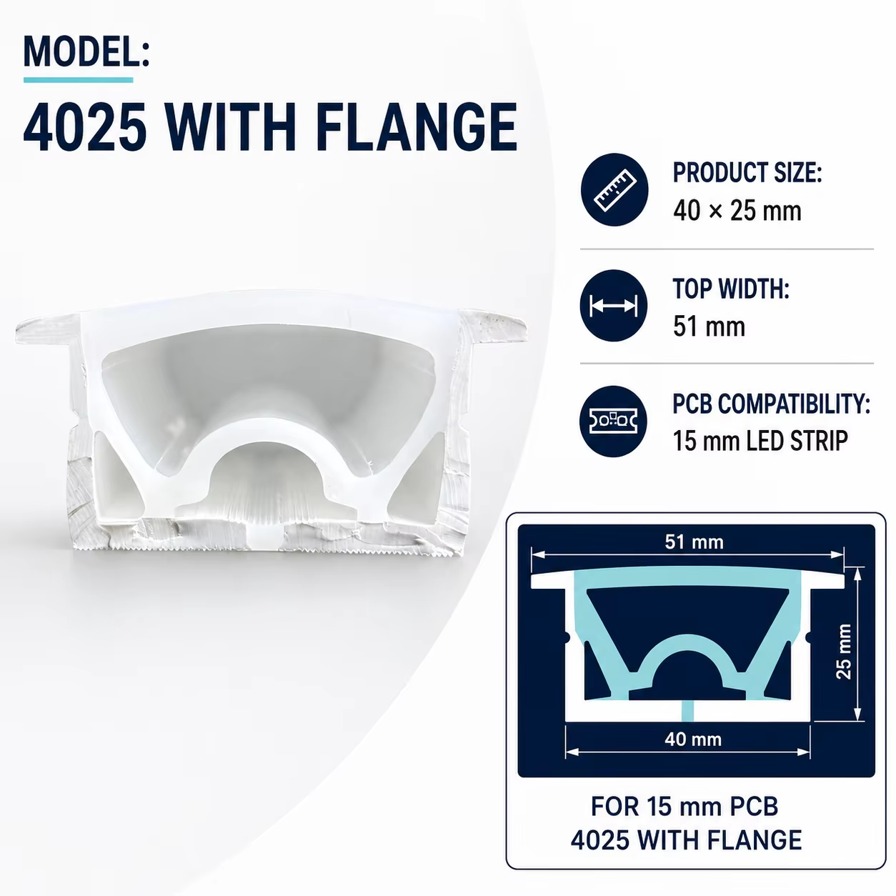 4025 Silicone Tube Diffuser for LED Strip With Flange 15mm PCB Recessed Linear Lighting Profile Compatible with Most Low Voltage LED Strip Lights Easy to Install for Home Commercial Lighting Projects - Image 2