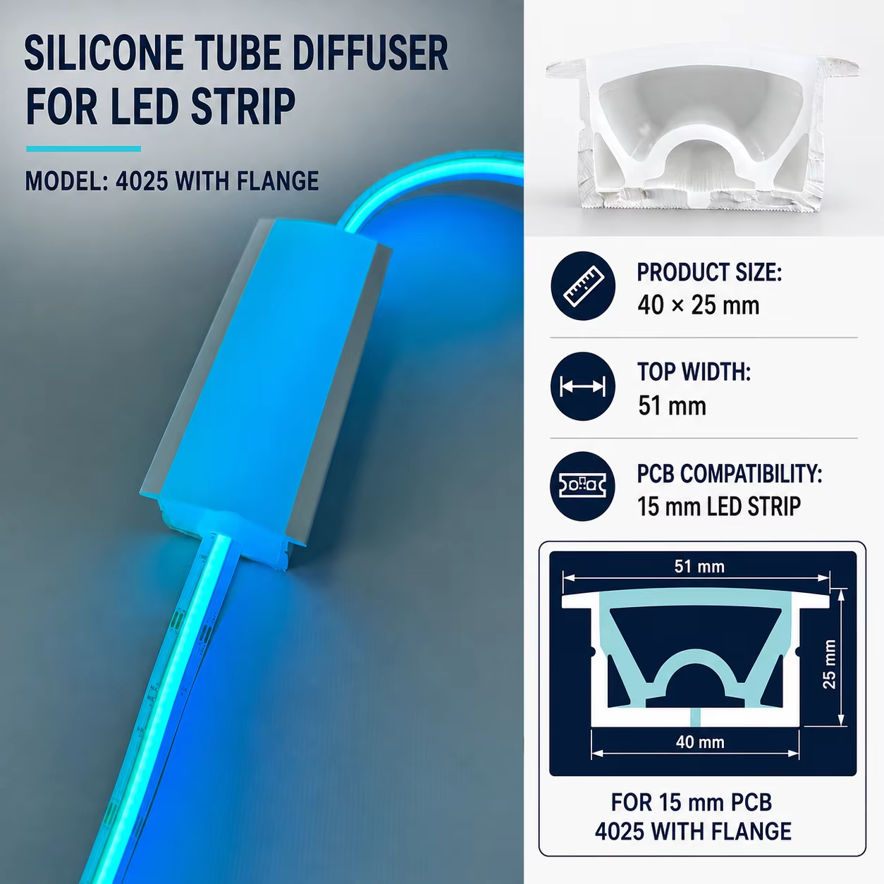 4025 Silicone Tube Diffuser for LED Strip With Flange 15mm PCB Recessed Linear Lighting Profile Compatible with Most Low Voltage LED Strip Lights Easy to Install for Home Commercial Lighting Projects - Image 4