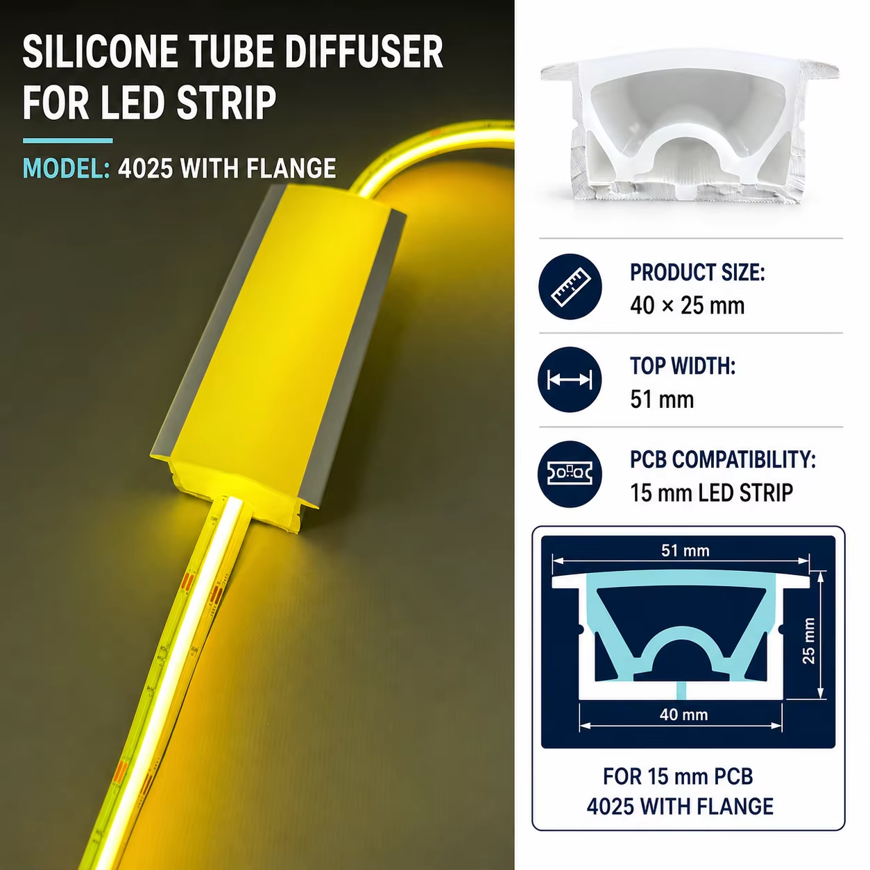 4025 Silicone Tube Diffuser for LED Strip With Flange 15mm PCB Recessed Linear Lighting Profile Compatible with Most Low Voltage LED Strip Lights Easy to Install for Home Commercial Lighting Projects - Image 5