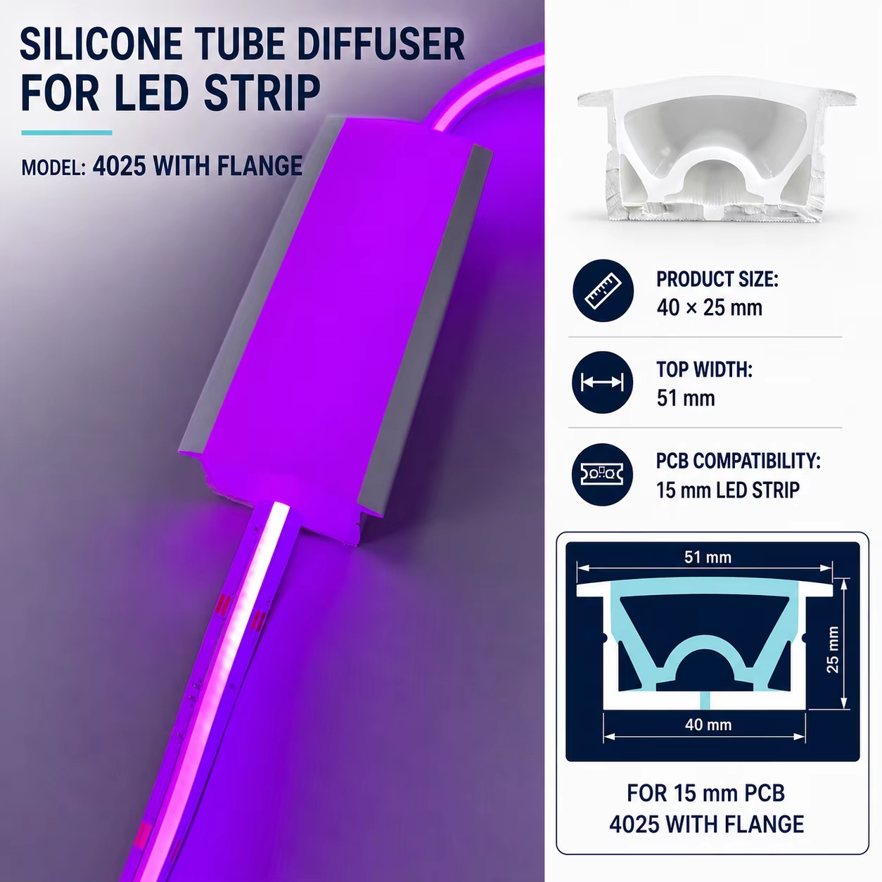 4025 Silicone Tube Diffuser for LED Strip With Flange 15mm PCB Recessed Linear Lighting Profile Compatible with Most Low Voltage LED Strip Lights Easy to Install for Home Commercial Lighting Projects - Image 6