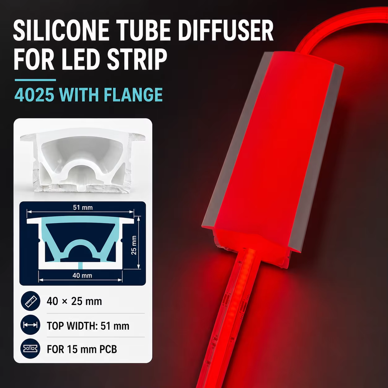 4025 Silicone Tube Diffuser for LED Strip With Flange 15mm PCB Recessed Linear Lighting Profile Compatible with Most Low Voltage LED Strip Lights Easy to Install for Home Commercial Lighting Projects - Image 7